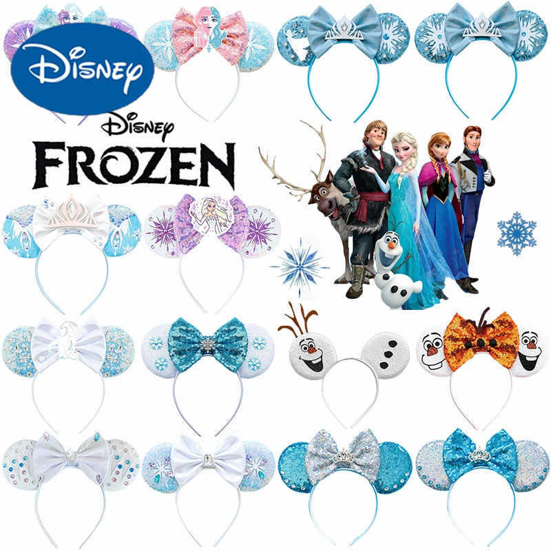 Disney Frozen Hair Accessories Female Elsa Princess Anna Snowflake Ear Headband Girl Crown Bow Glitter Olaf Hair Band Childrens Gift X250425