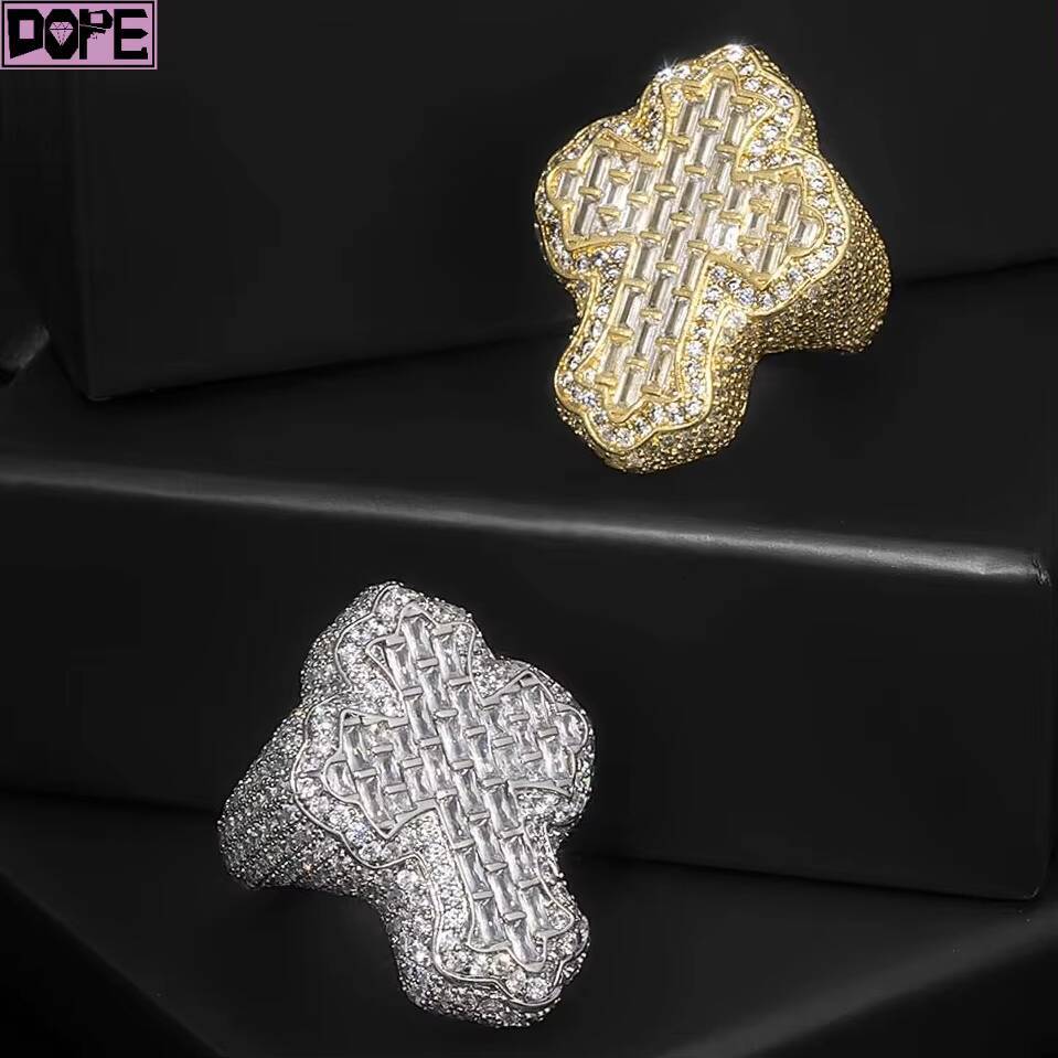 Hip Hop Moissanite Jewelry Custom Ring 925 Silver Bling Iced Out Cross Men Rings VVS Moissanite Ring