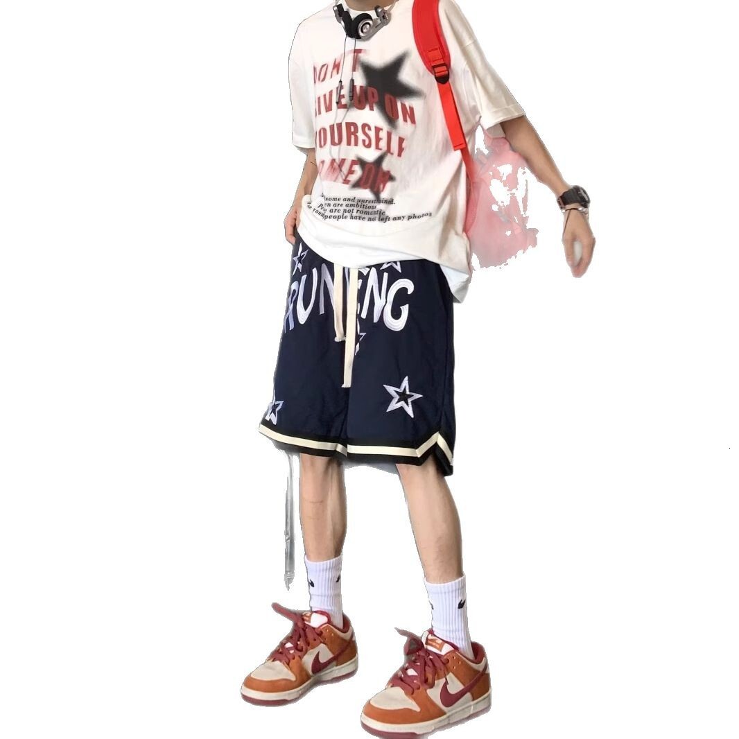 American Street Star Letter Embroidered Sports Shorts, Men's and Women's Trendy Brand Versatile Casual Loose 5/4 Pants