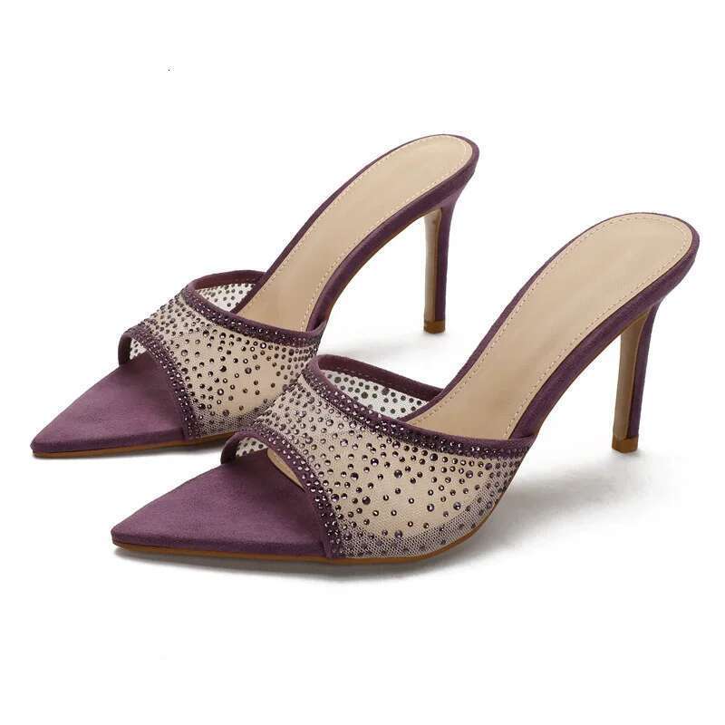 Summer's new open-toe pointed rhinestone mesh one-line belt fashion slippers high-heeled dress outerwear large size women sandal