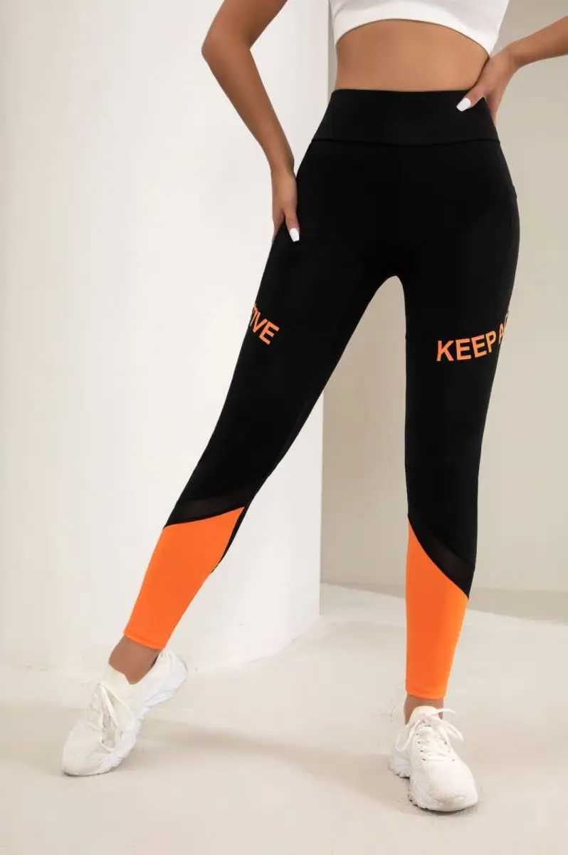 Fitness pants orange mesh patch running pants high waist and abdominal tightening legs elastic sports pants yoga pants CAC250425