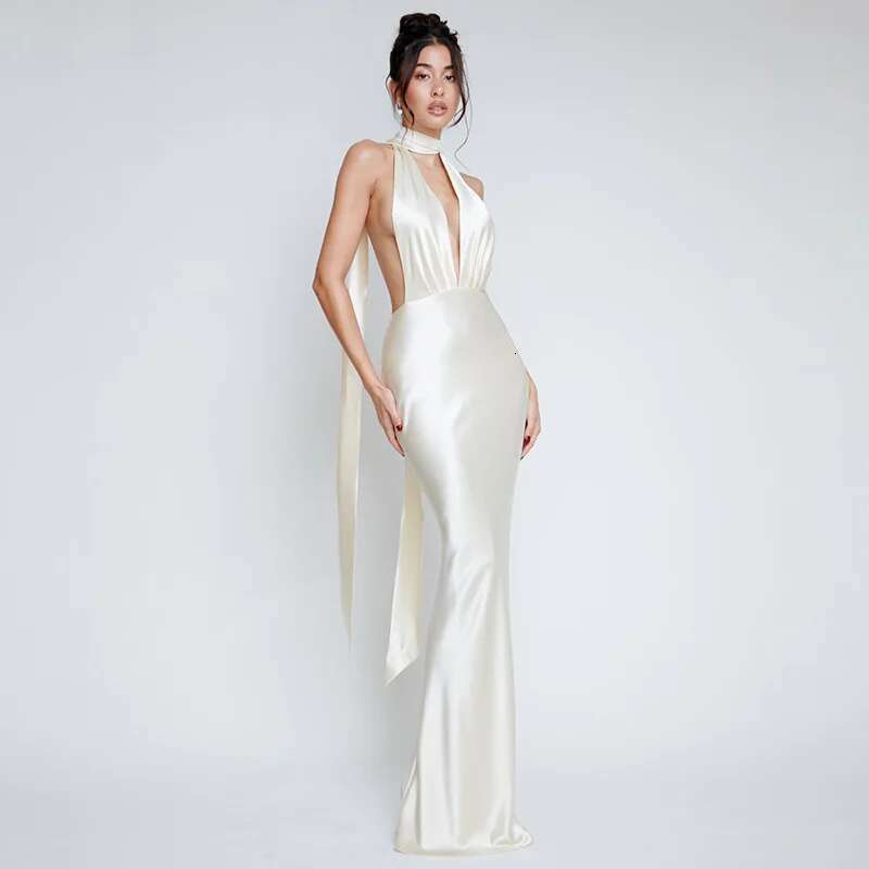 Dongdumaoyi Townlike Satin Deep V Neck Sexy Party Dress Women Halter Spring Summer Backless Nightclub Maxi Long Dresses Vestidos