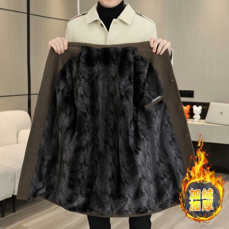 2023 Winter Medium Length Woolen Jacket for Men Plush and Thicken Trench Coat slim Casual Business Social Streetwear OvercoatT251125
