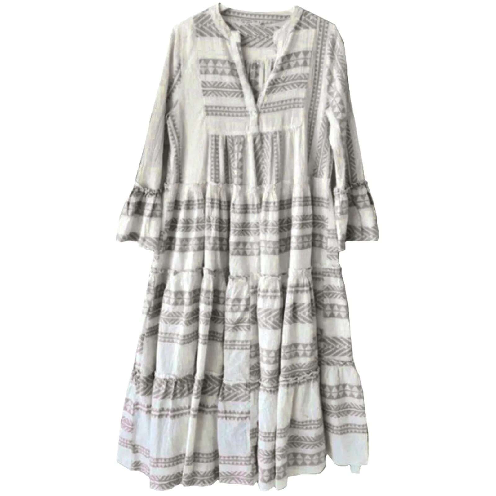 Dongdumaoyi Fashion Geometric Print Dress Women Flare Sleeve V Neck For Beach Vacation Casual Loose Ladies Ruffles Flared A Line