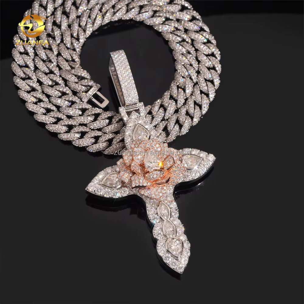 Cusrtomized Fashion Man Jewelry Rose+White Gold Color Hip Hop Pendant S925 VVS1 Moissanite Diamond Rose Flower Cross Pendant