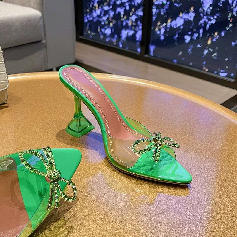 Summer new pointed rhinestone bow transparent PVC fashion slippers wine glass high-heeled banquet dress large size women sandals