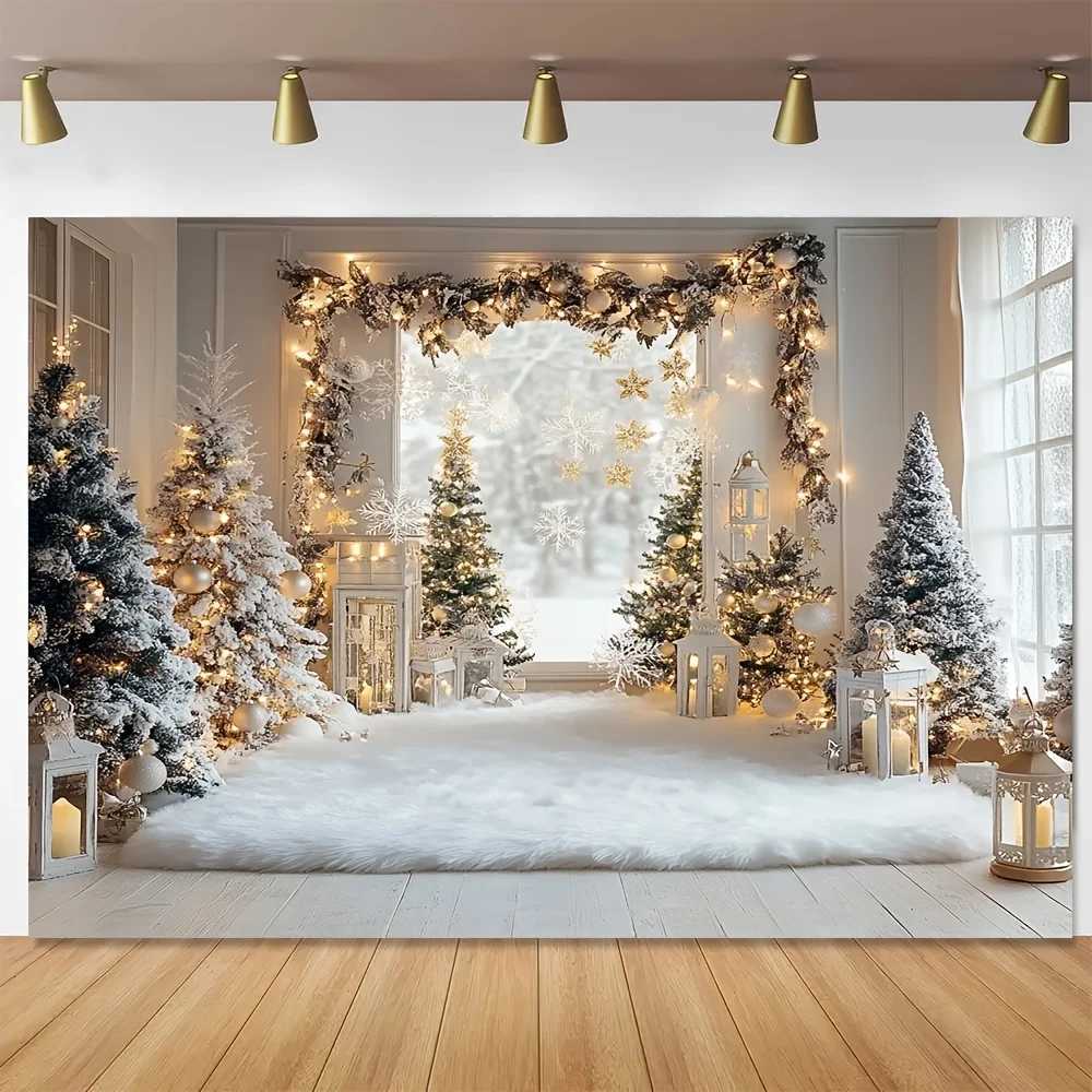 Snowy Christmas Window Tapestry Twinkling Lantern Arch Design Wall Art for Holiday Party and Festive Home DecorM251125
