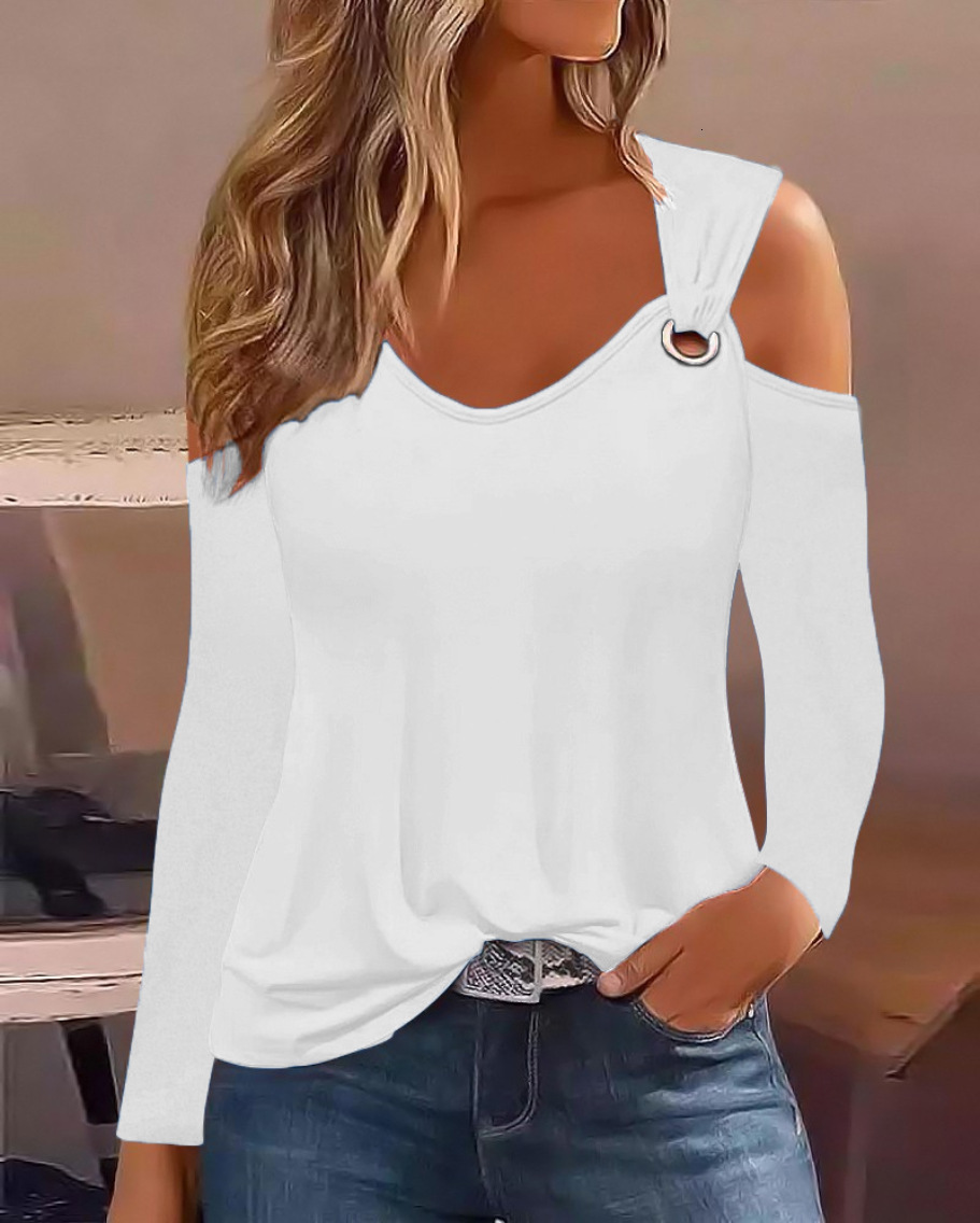 2023 autumn simple metal buckle V-neck shirt womens round neck shirt