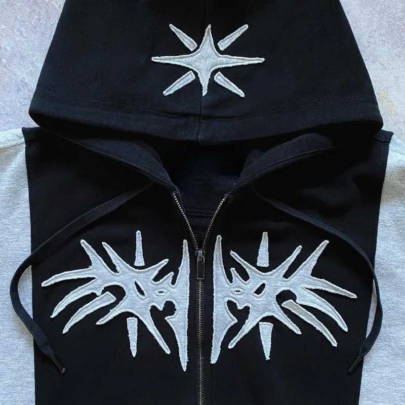 Y2K Retro Zipper Hoodie Harajuku Patch Work Gothic Street Hip Hop Super Dalian Hoodie Mens Sportswear Fashion Casual Top M250425