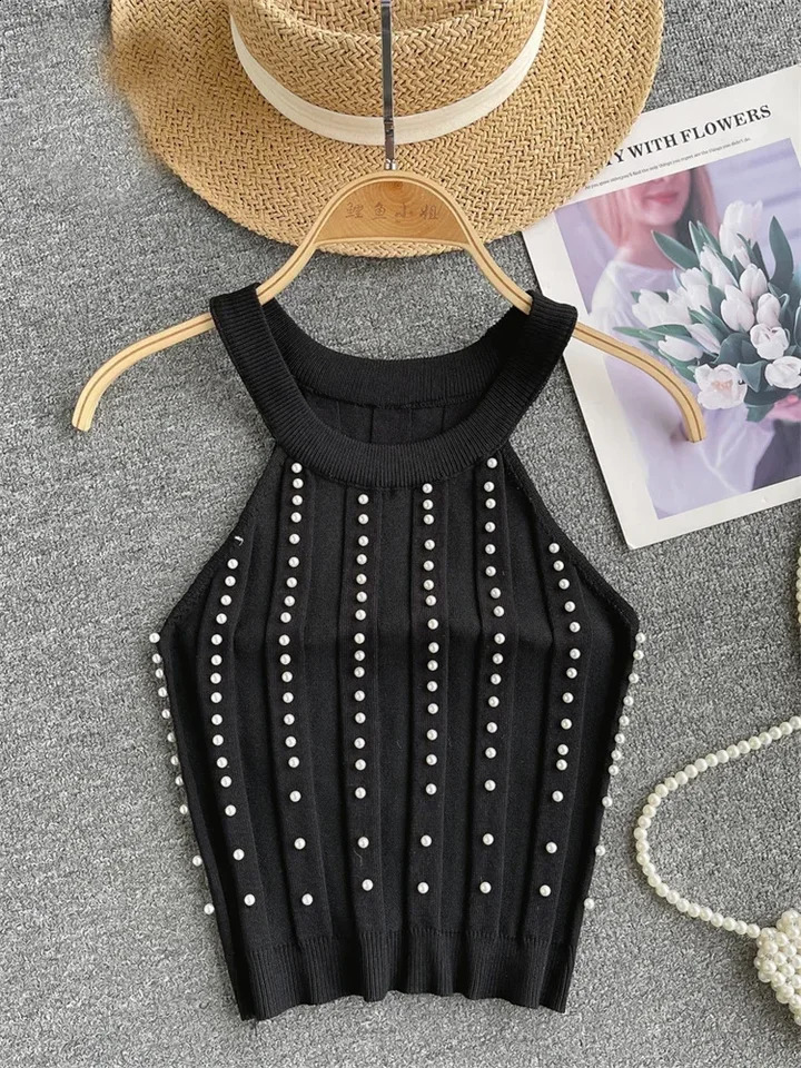 Zik Hekiy Pearls womens top strapless backless slim fit premium Korean fashion streetwear mini knit vest 250422