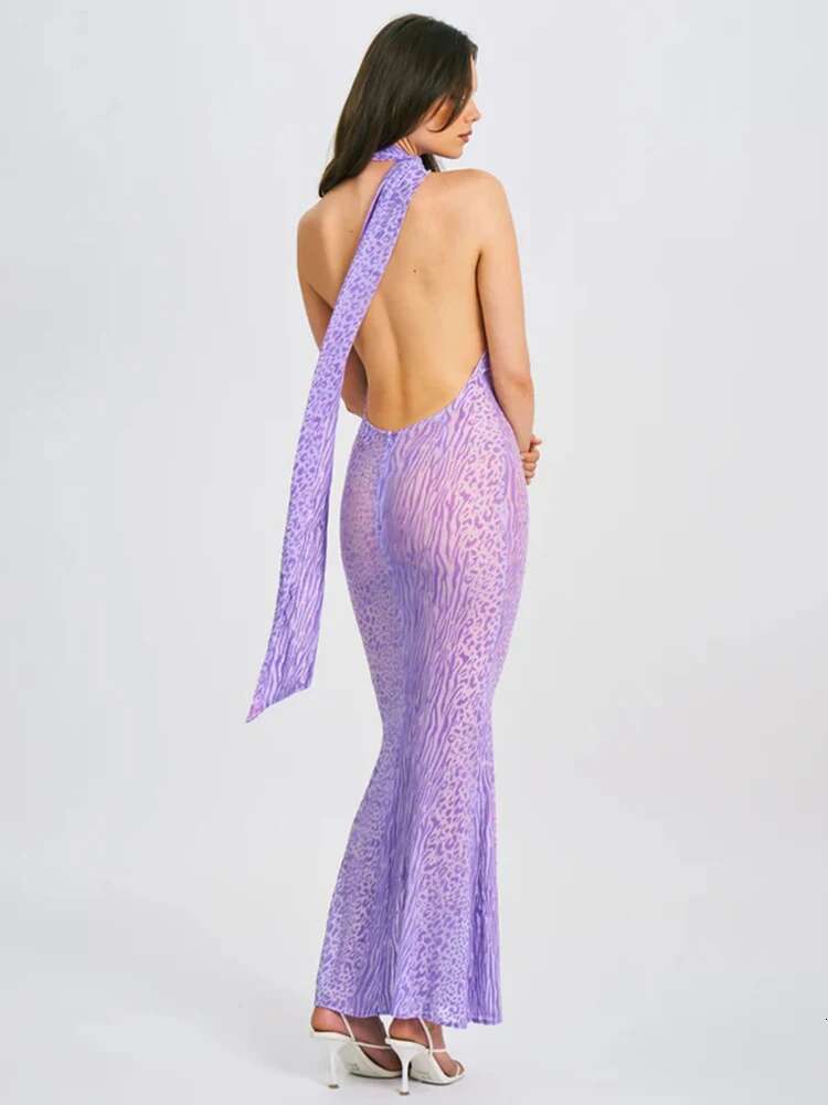 Dongdumaoyi Townlike Leopard Print Mesh Sexy Party Dress Women One Shoulder Summer Backless Slim Bodycon Maxi Long Dresses
