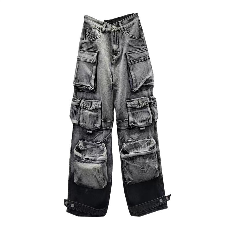 Womens blue pocket Y2k freight jeans Harajuku oversized jeans Trouser retro Japanese 2000s style ripped jeans garbage clothing 241031