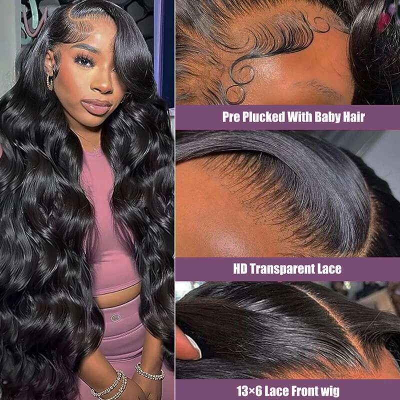 Body Wave 13X6 13X4 Lace Front Pre Plucked 200 Density With Baby Natural Black 100% Human Hair Wig For Women