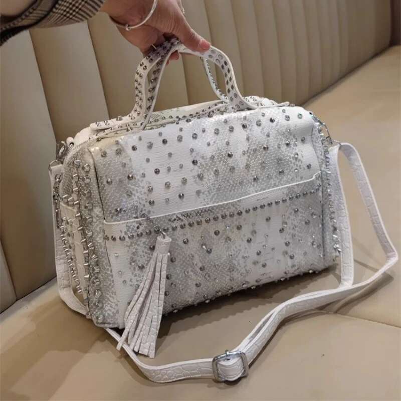 Spring and autumn rhinestone rivet soft leather leopard print handbag casual large-capacity one-shoulder cross-body women's bag