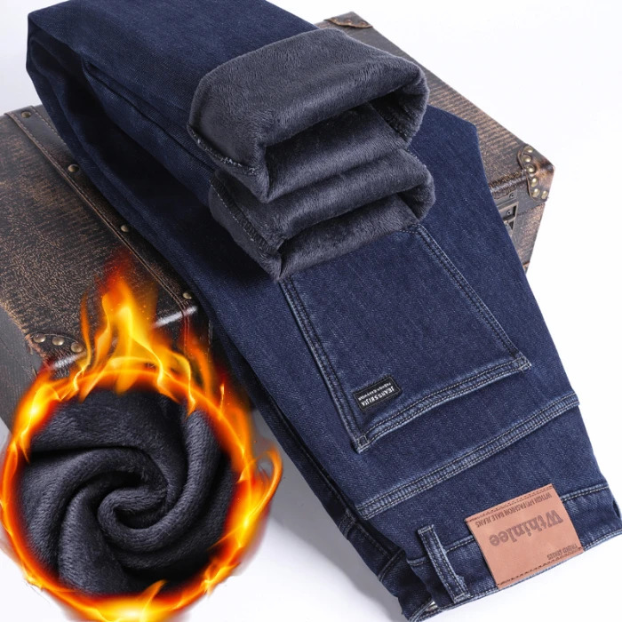 Fleece Jeans Winter Men Black Straight Stretch Denim Thick Velvet Pants Warm Casual Line Trousers Male Plus Size 251124