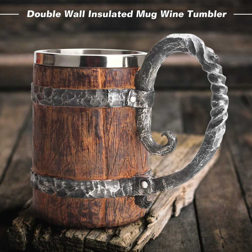 Viking Wood Style Beer Mug Simulation Wooden Barrel Beer Cup Double Wall Stainless Steel Insulated Drinking Coffee Mug Tea Cups Y251125