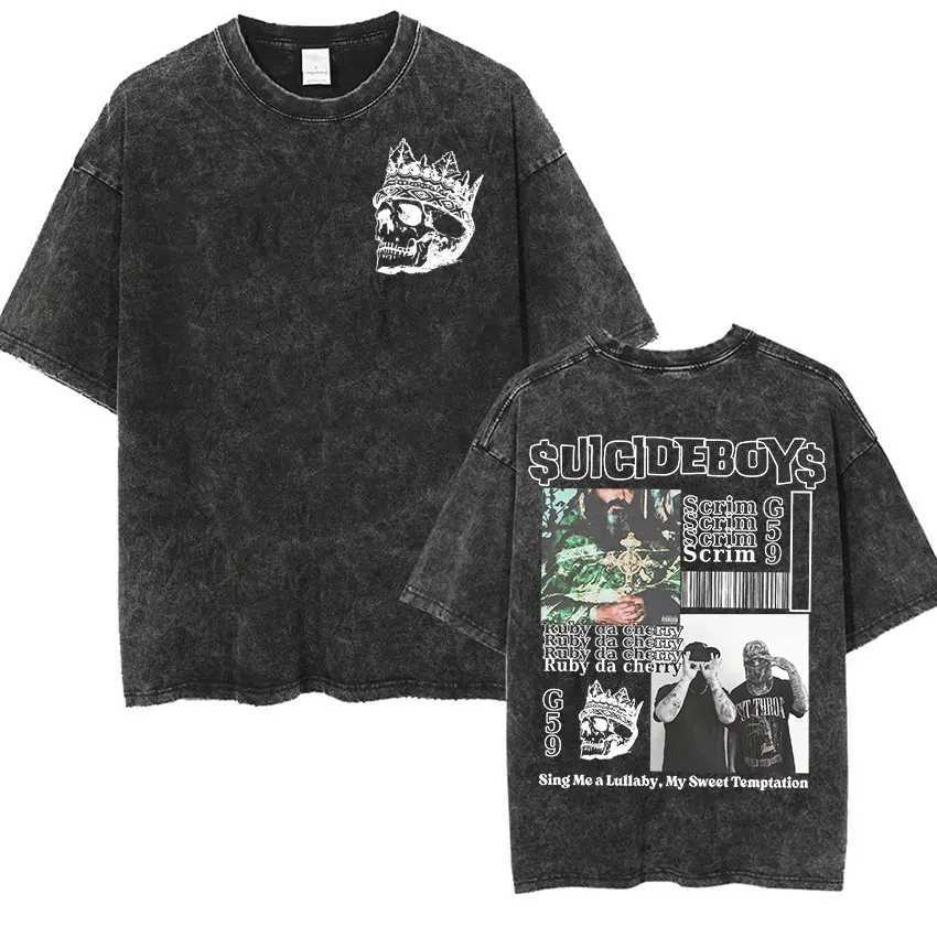Rap singer suicide boy 2025 retro wash T-shirt mens hip-hop album punk gothic short sleeved T-shirt hip-hop streetwear W250425