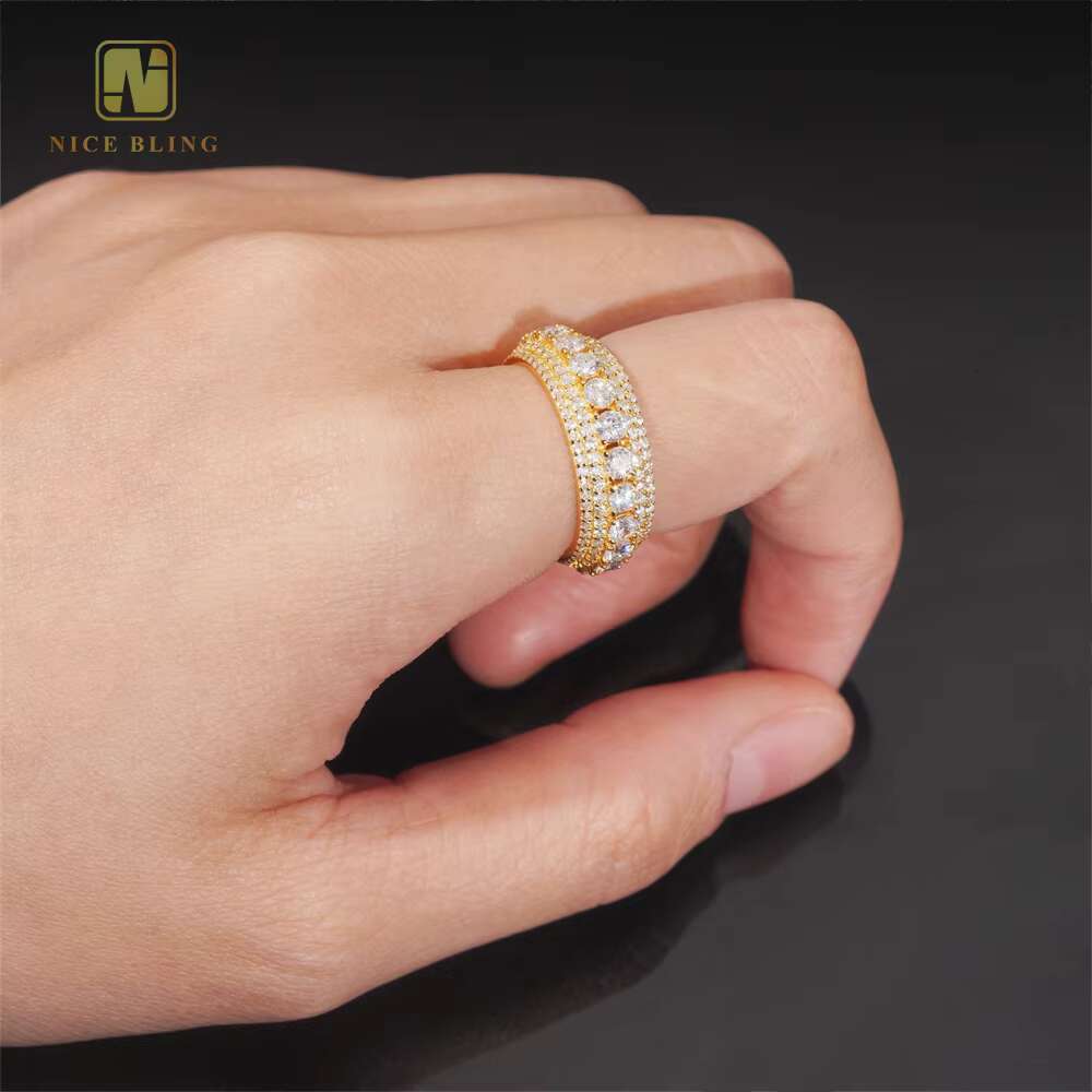 Luxury Rapper Jewelry Gold Plated Solid Inside 925 Sterling Silver Hip Hop Fully Iced Out Moissanite Band Ring
