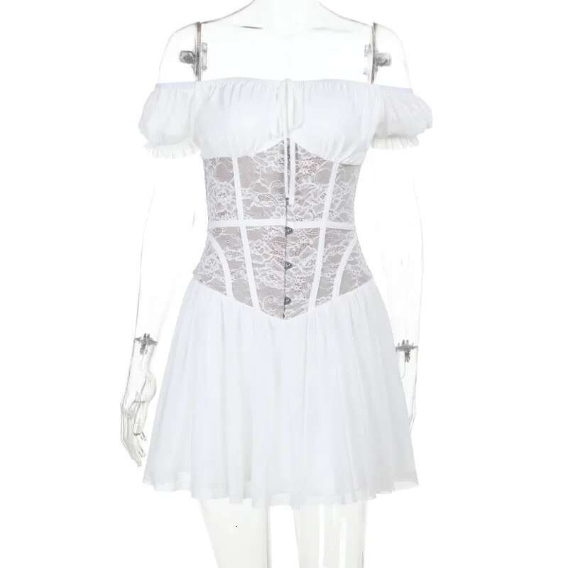 Dongdumaoyi Townlike Waist Wrap A Line Dress Women Off Shoulder Mini Spring Summer Lace Patchwork Nightclub Sexy Party Dresses
