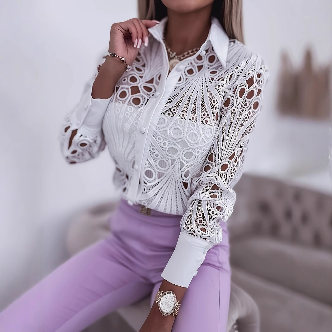 2024 Spring and Autumn Versatile Commuting Fashion Lace Hollow Long Sleeve Shirt for Women