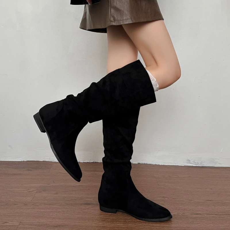 Vintage Pleated Women Knee High Boots Fashion Low Heels Pointed Toe Shoes Autumn Winter Slip On Modern Long Botas Para Mujer 251121