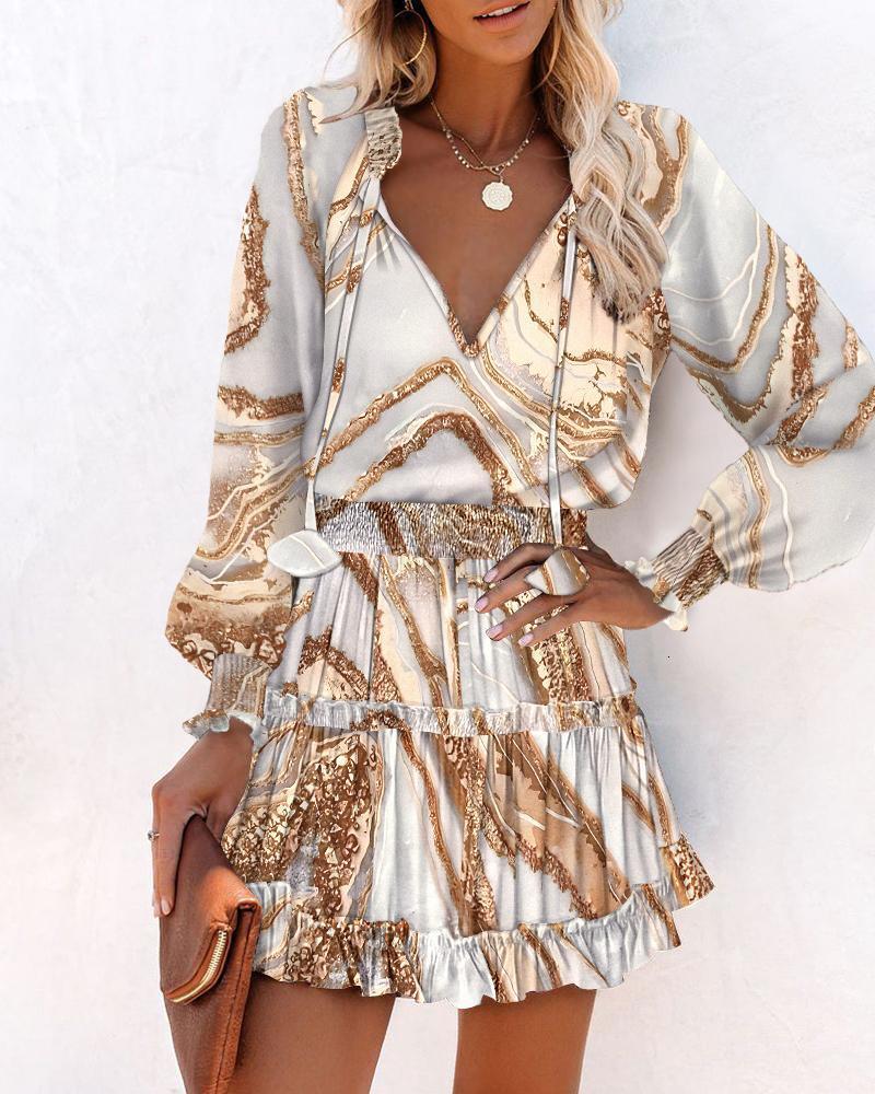 2023 Spring/Summer Long Sleeve V-neck Fashion Printed Waist Dress for Women