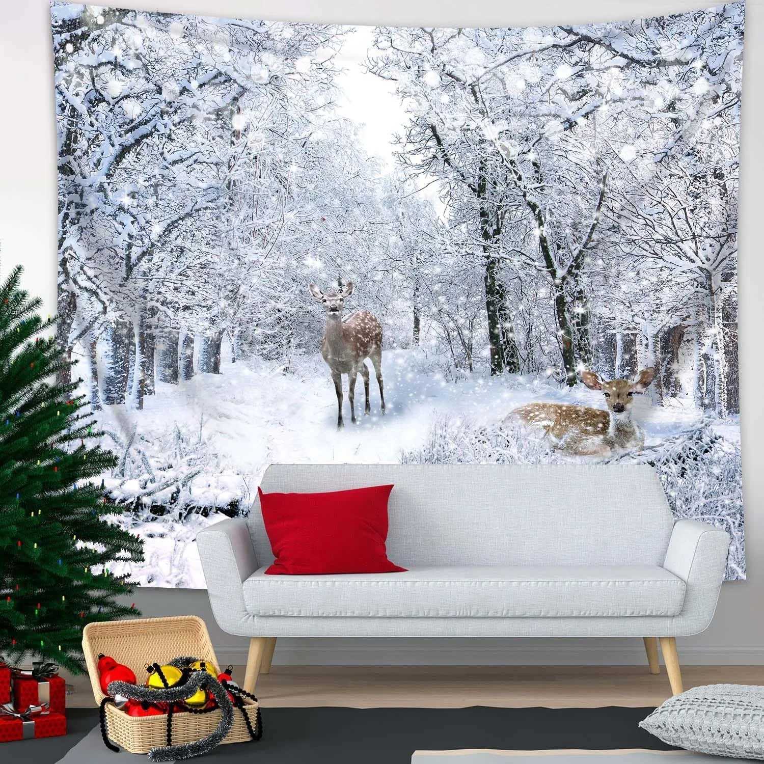 Winter Snow Scenery Forest Christmas Decoration Print Tapestry Christmas Party Decoration Banner Home Studio Wall Mounted DecoraM251125