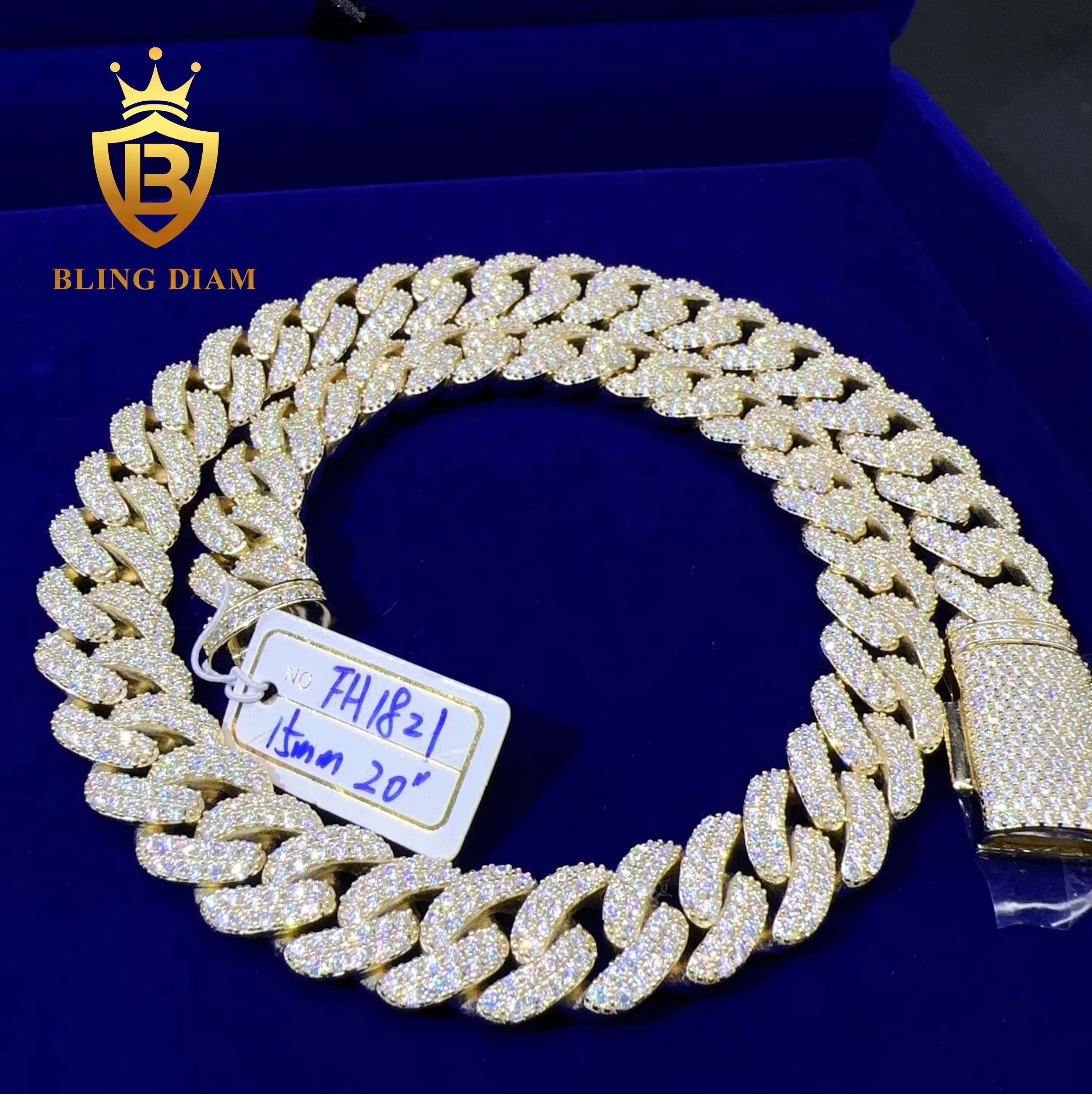 Factory Price 15mm Iced Out Miami Hip Hop Chain 10k Gold Plated Silver VVS Moissanite Diamond Cuban Link Chain