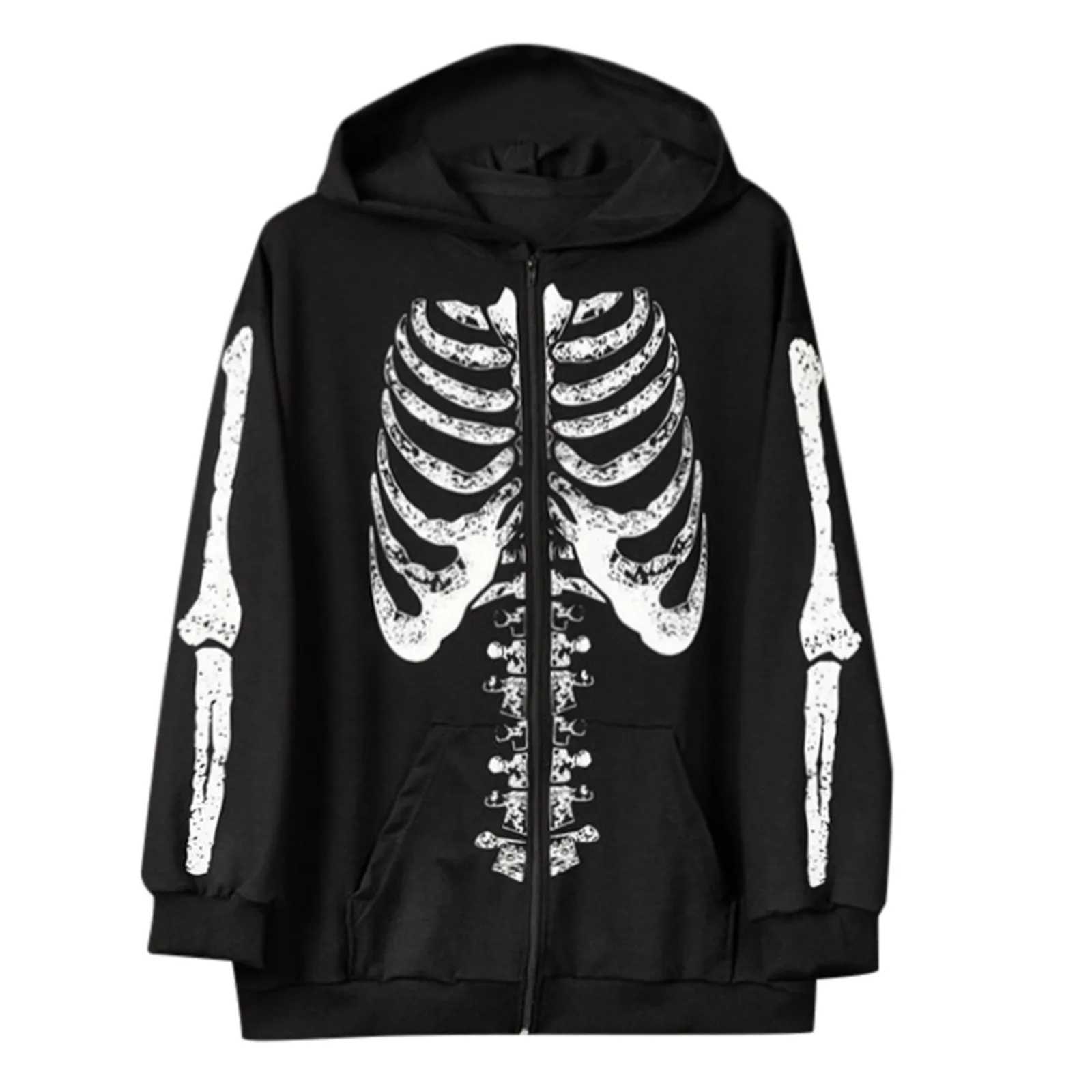 Y2K Gothic skeleton sportswear super large hooded mens autumn zipper long sleeved jacket mens 90s retro Harajuku Grunge clothing M250425