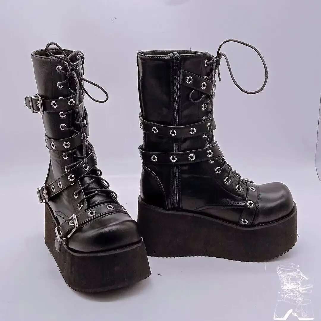 Plus Size 43 Autumn Buckle Round Toe Wedges Platform Punk Goth INS Street Shoes Combat Boots For Women