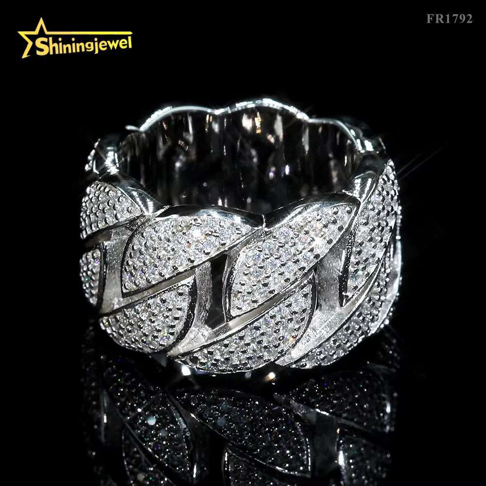 Hot Selling Iced Out Three Rows Moon Shape Cuban Ring Hip Hop Silver 925 Moissanite Men Rings