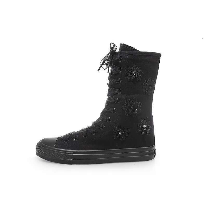 Spring medium-sized color lace-up pearl flower canvas shoes casual soft sole flat inner heightening couple large size women shoe