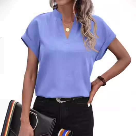 2024 summer simple and fashionable V-neck short sleeved linen shirt for women