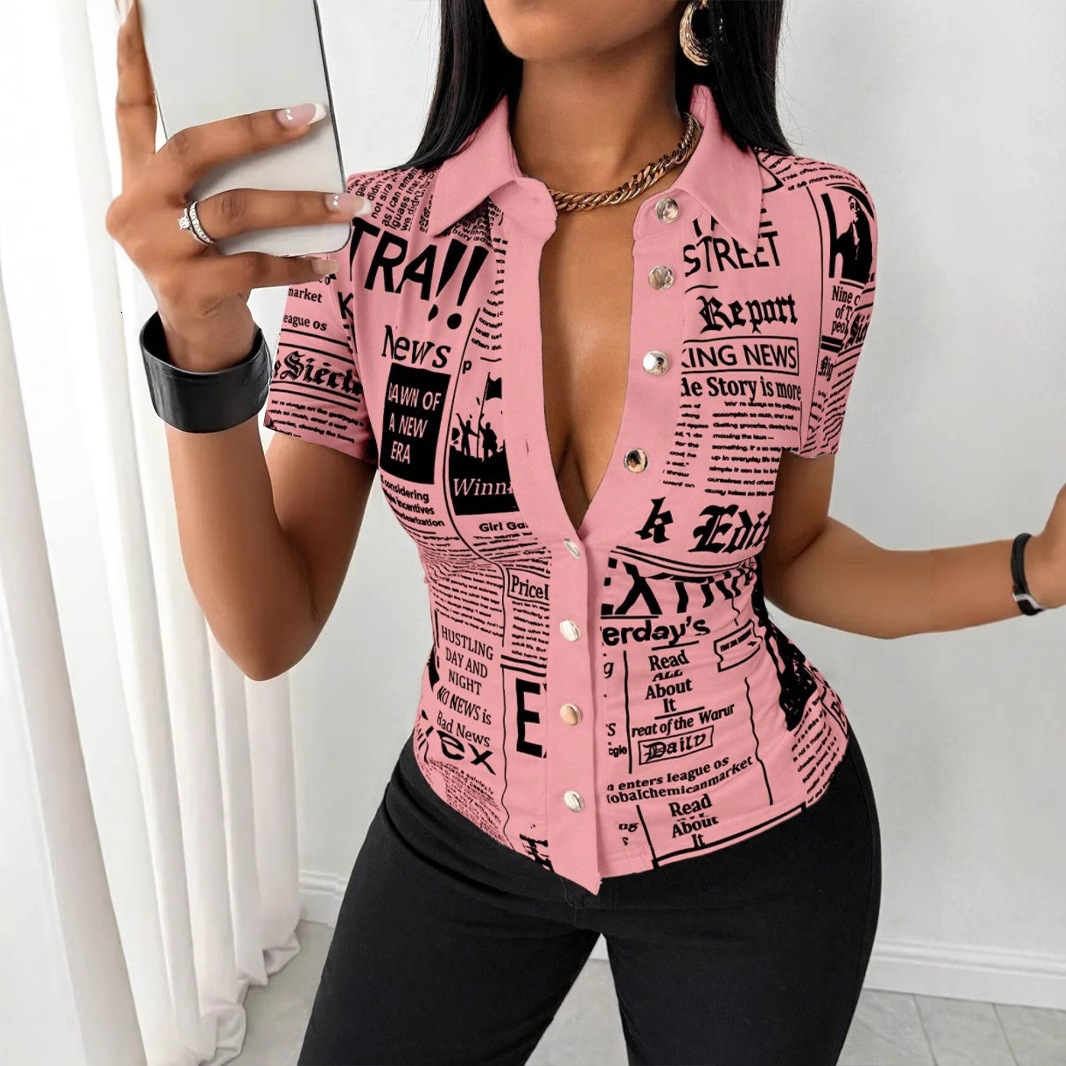 2025 Summer Fashion Newspaper Printed Single breasted V-neck Shirt for Women