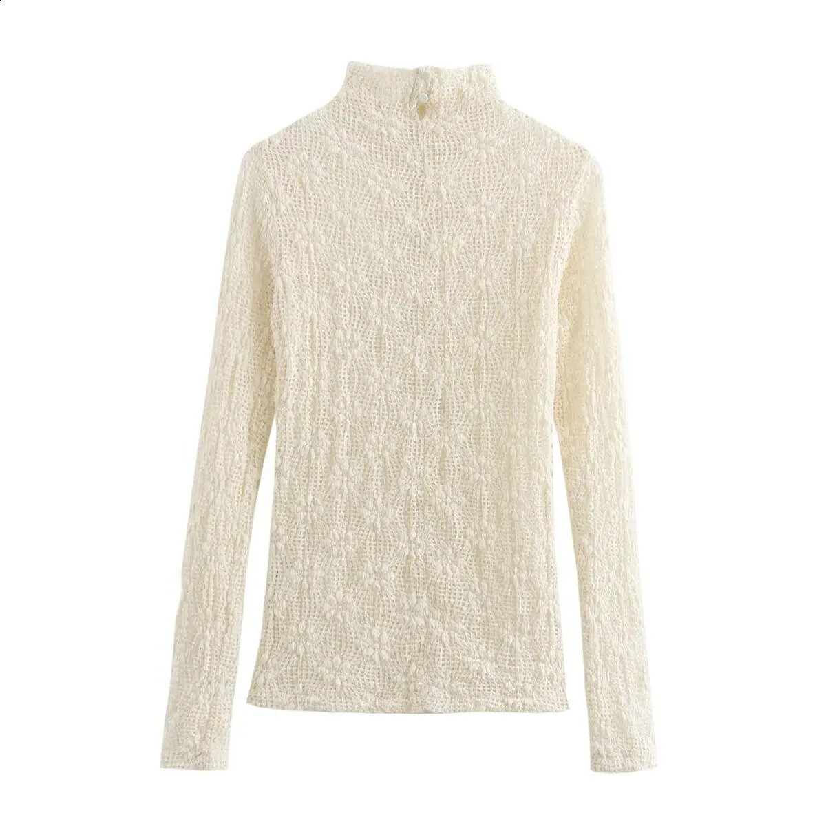 2025 turtle neck womens white lace shirt long sleeved slim fit thin mesh threeway spring sexy solid color bottom shirt top 250414