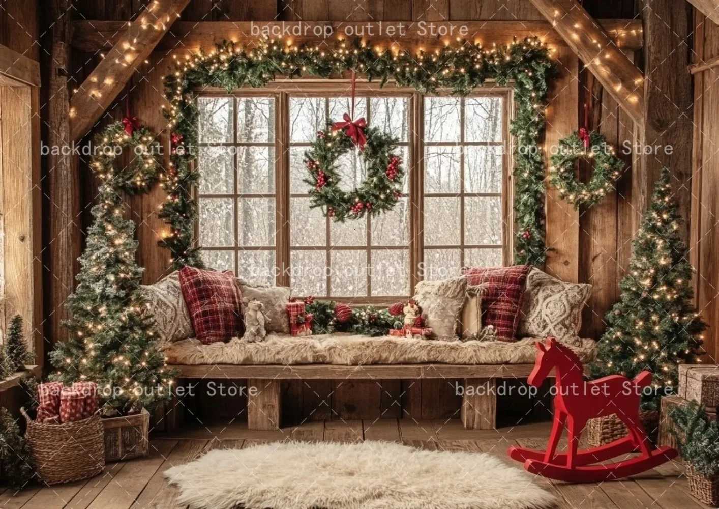 Christmas Party Decor Backdrop Wood Indoor Window Gifts Xmas Tree Kids Family Portrait Photography Background for Photo StudioM251125