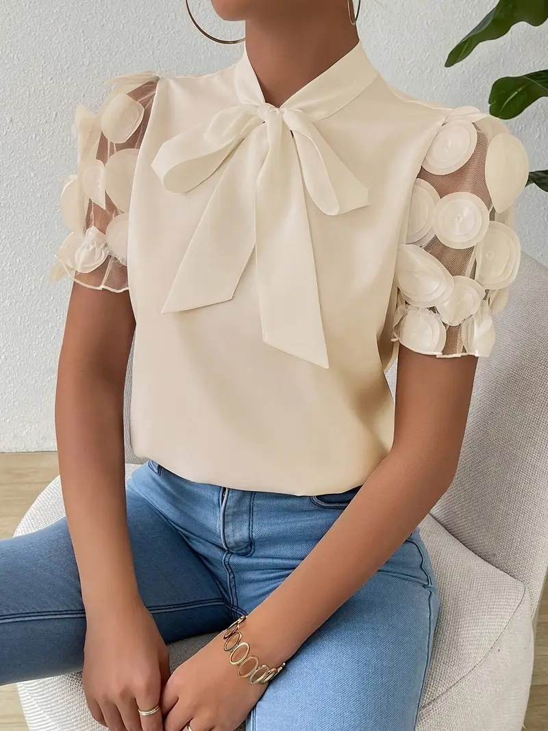 2025 New Summer Commuter Solid Color Simple Strap Bow Short Sleeve Shirt for Women