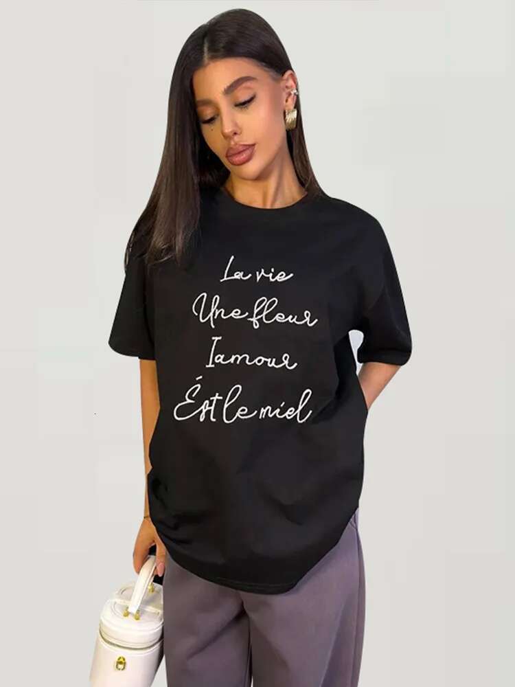 Chic Heart Letter Printed Cotton T-Shirts Women Loose O-Neck Half Sleeve Oversize Female Tee 2025 Summer Fashion Lady Outwears