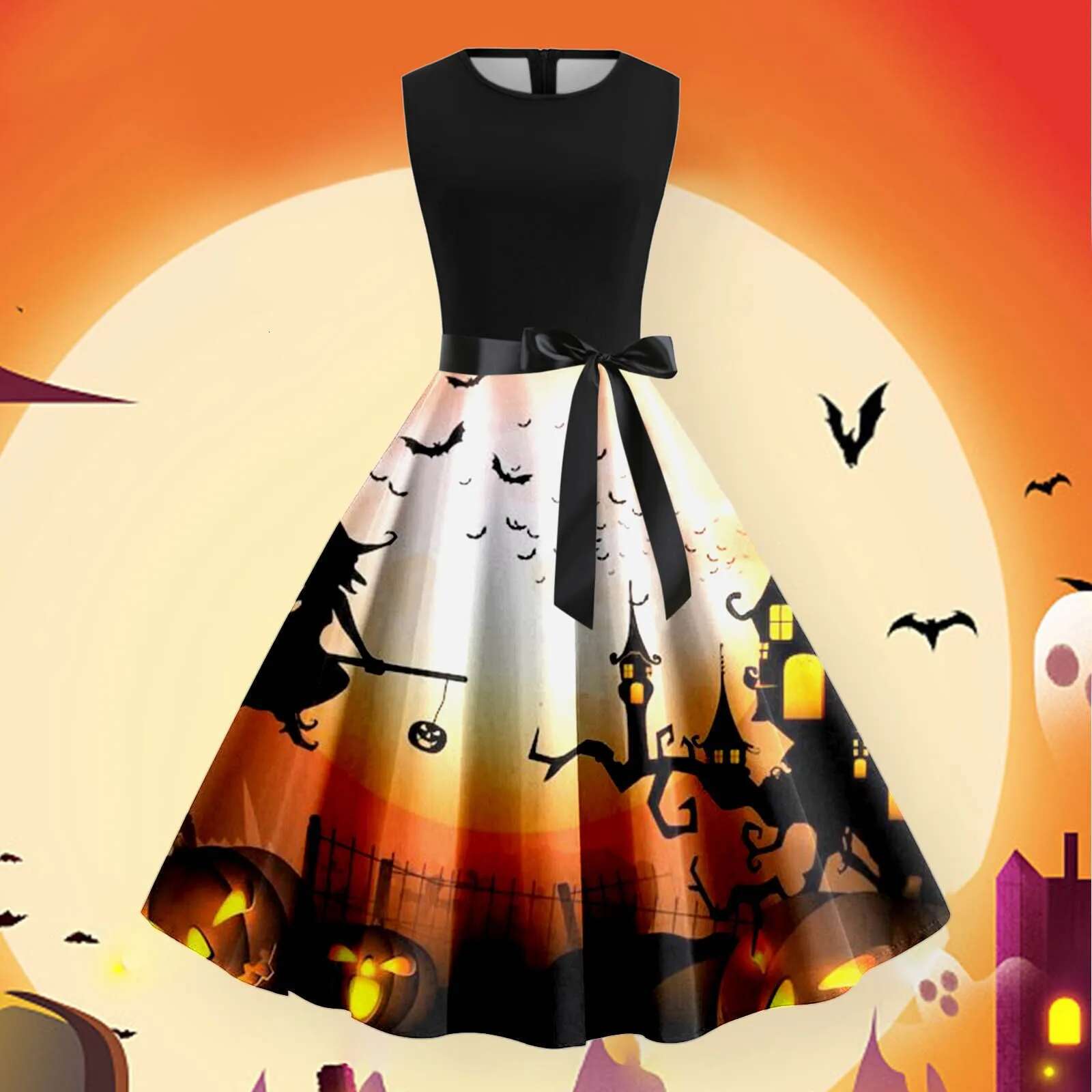 Dongdumaoyi Halloween Dresses For Women Vintage Gothic Pumpkin Printed Strapless Princess Long Slim Belt Waisted Cocktail Maxi Dress
