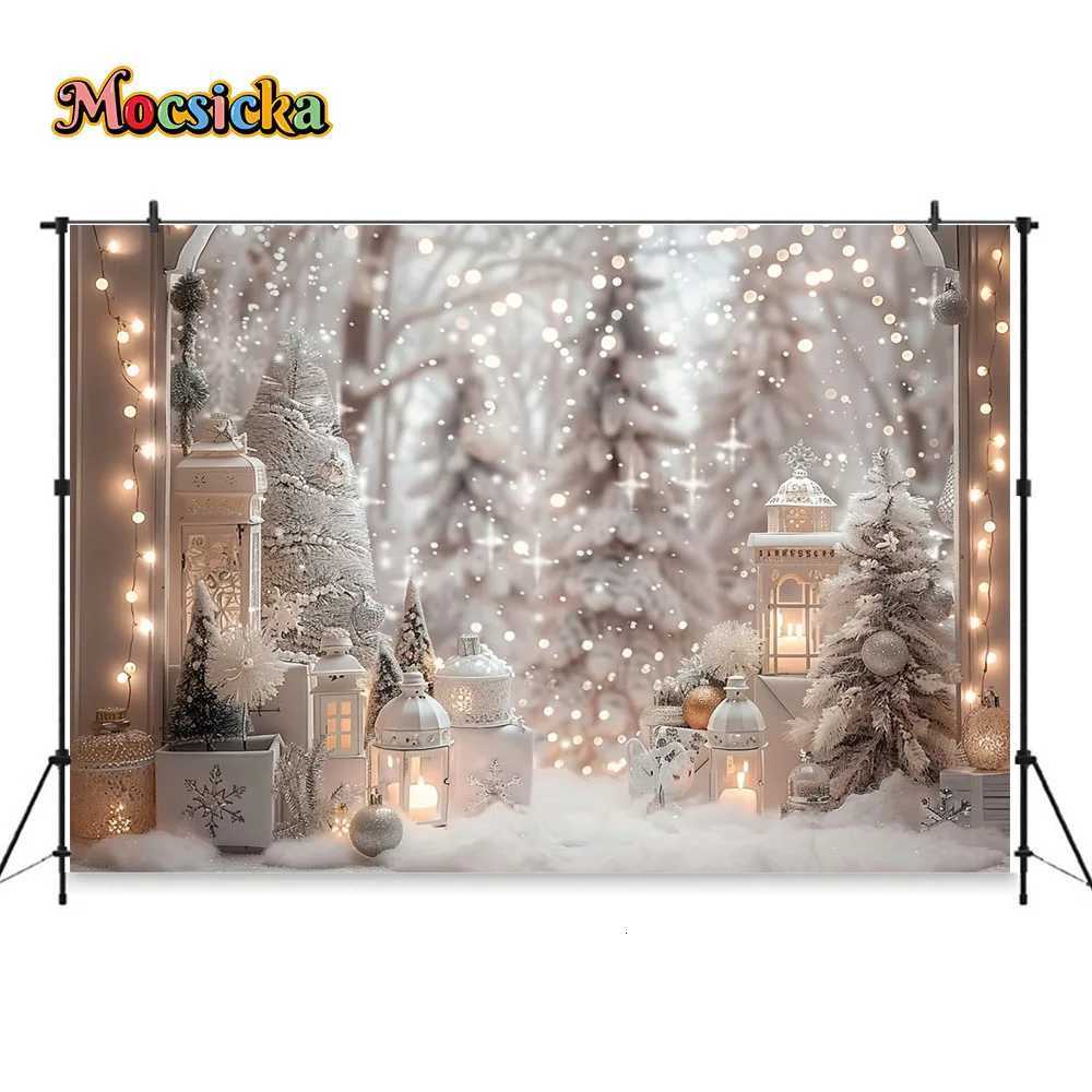 White Christmas Photography Background Silver Xmas Tree Decor Ball Lantern Shiny Backdrop Kid Winter Dreamy Birthday Party PhotoM251125