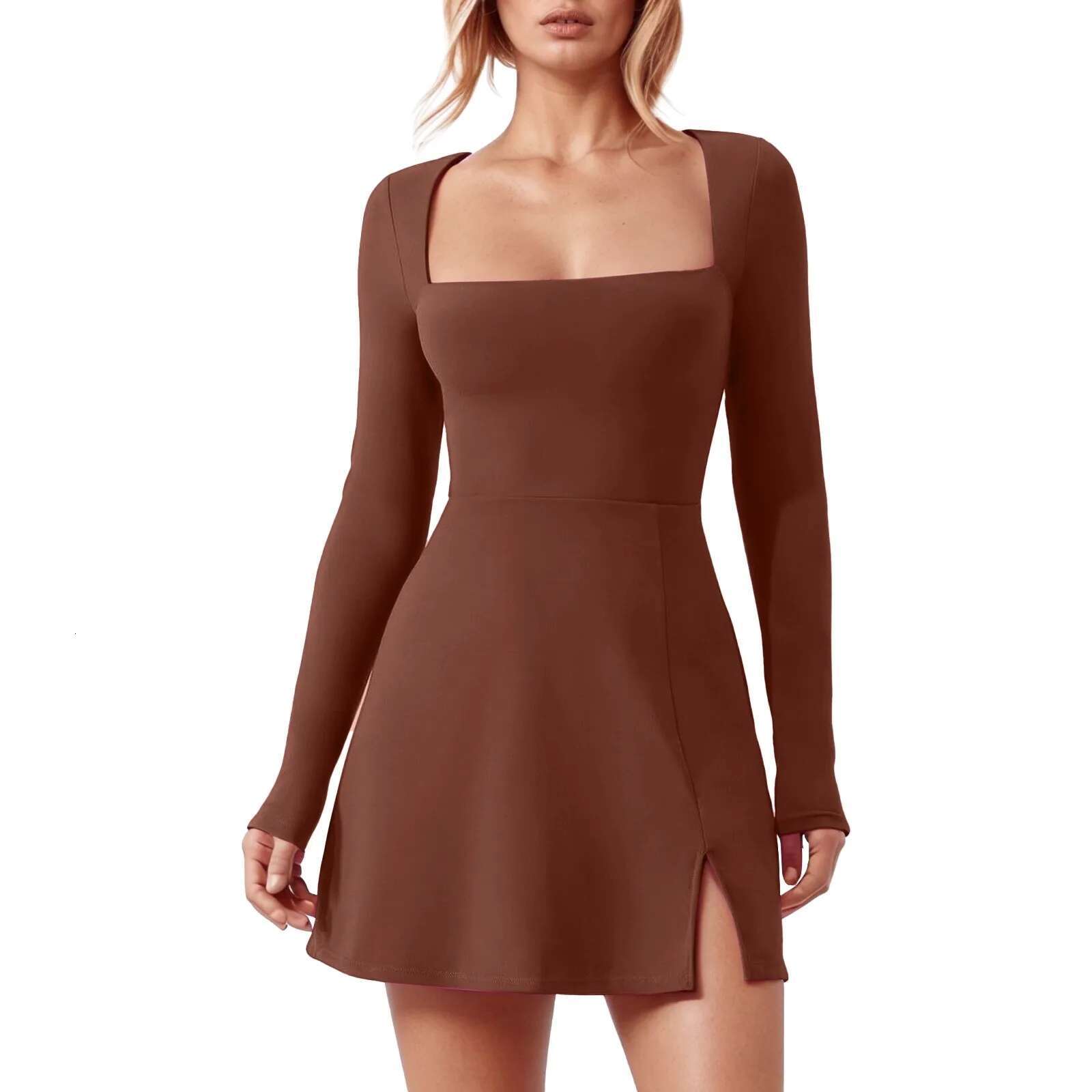 Dongdumaoyi Split Office Mini Dress Elegant Solid Color Square Neck High Waist Holiday Women Long Sleeve Slim Fit Party