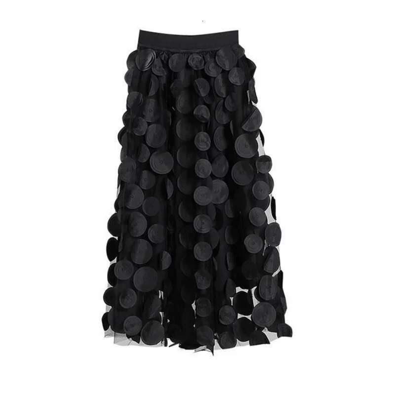 Women Polka Dot 3D Design Tulle Mesh Vintage Elastic Waist Long A-Line Tutu Skirt