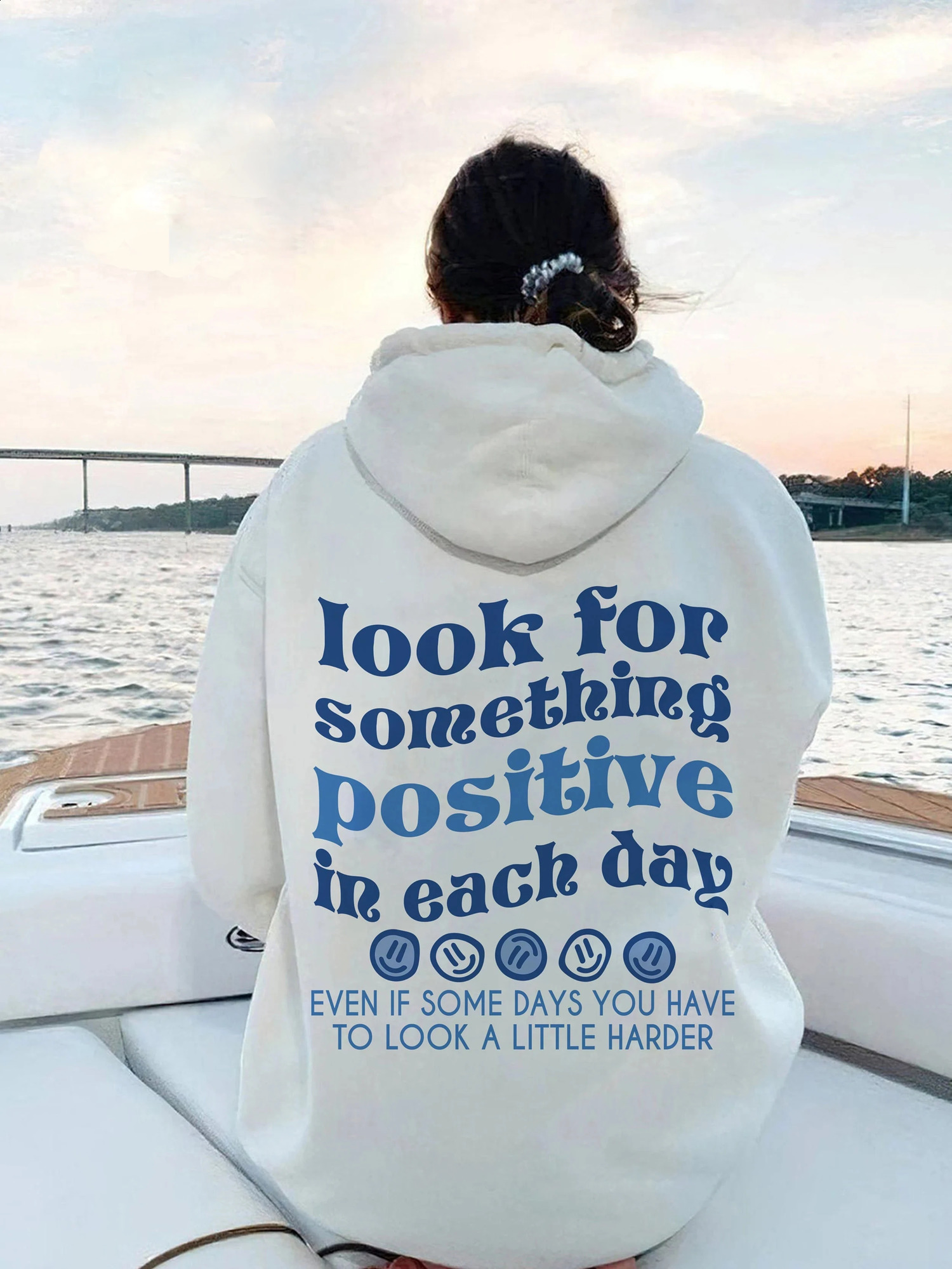 Looking for something positive every day blue printed womens hoodie suitable for unisex autumn pocket sportswear loose top 250423
