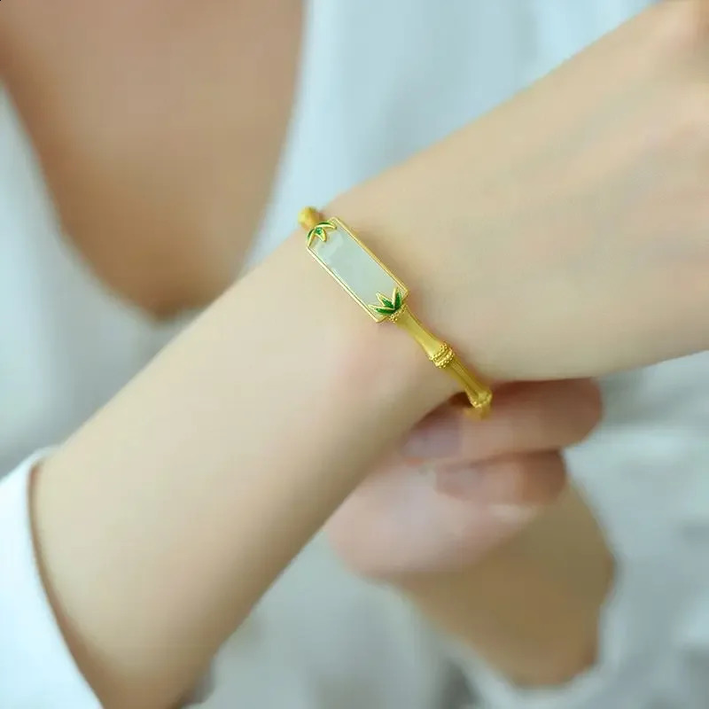 Classic Natural an Jade Leaf Bamboo bracelet for women Square Enamel quietly elegant Style bangles Banquet Jewelry 250424