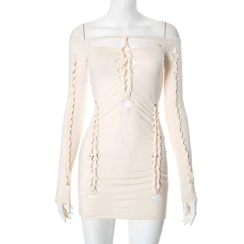 Dongdumaoyi Townlike Hole Weave Pleated Slim Bodycon Dress Women Off Shoulder Mini Summer Hollow Out Nightclub Sexy Party Dresses