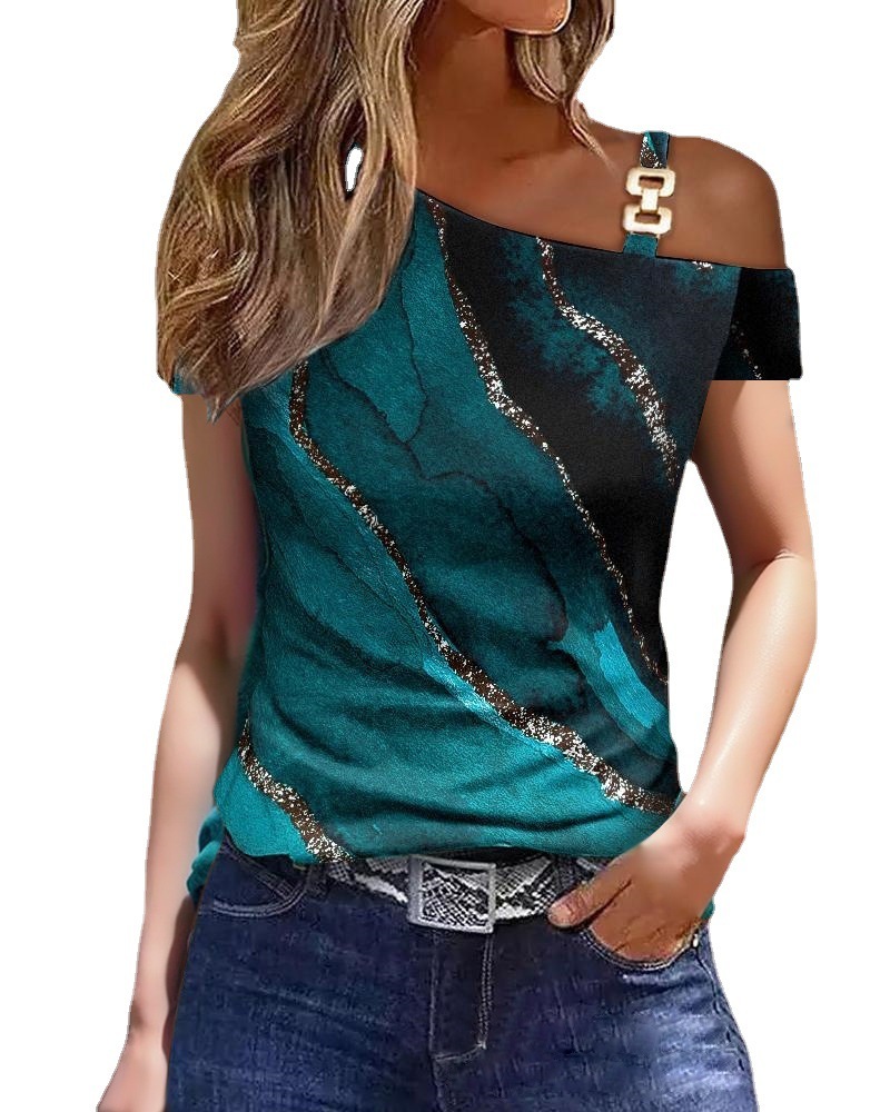 2023 Summer Simple Short Sleeve Metal Button Print Top T-shirt Womens Wear