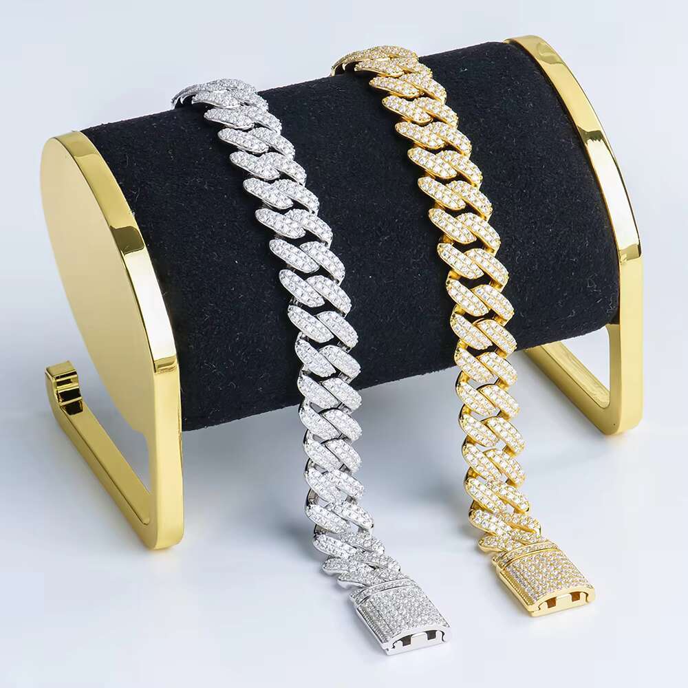 Stock Available 925 Sterling Silver Hip Hop Full Iced Out Moissanite Diamond 12mm Rhombic Style Cuban Link Chain Men Bracelet