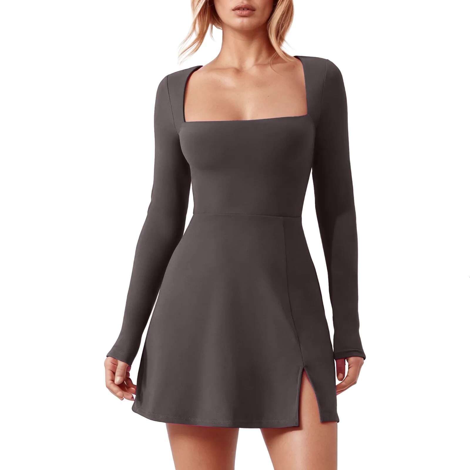 Dongdumaoyi Split Office Mini Dress Elegant Solid Color Square Neck High Waist Holiday Women Long Sleeve Slim Fit Party