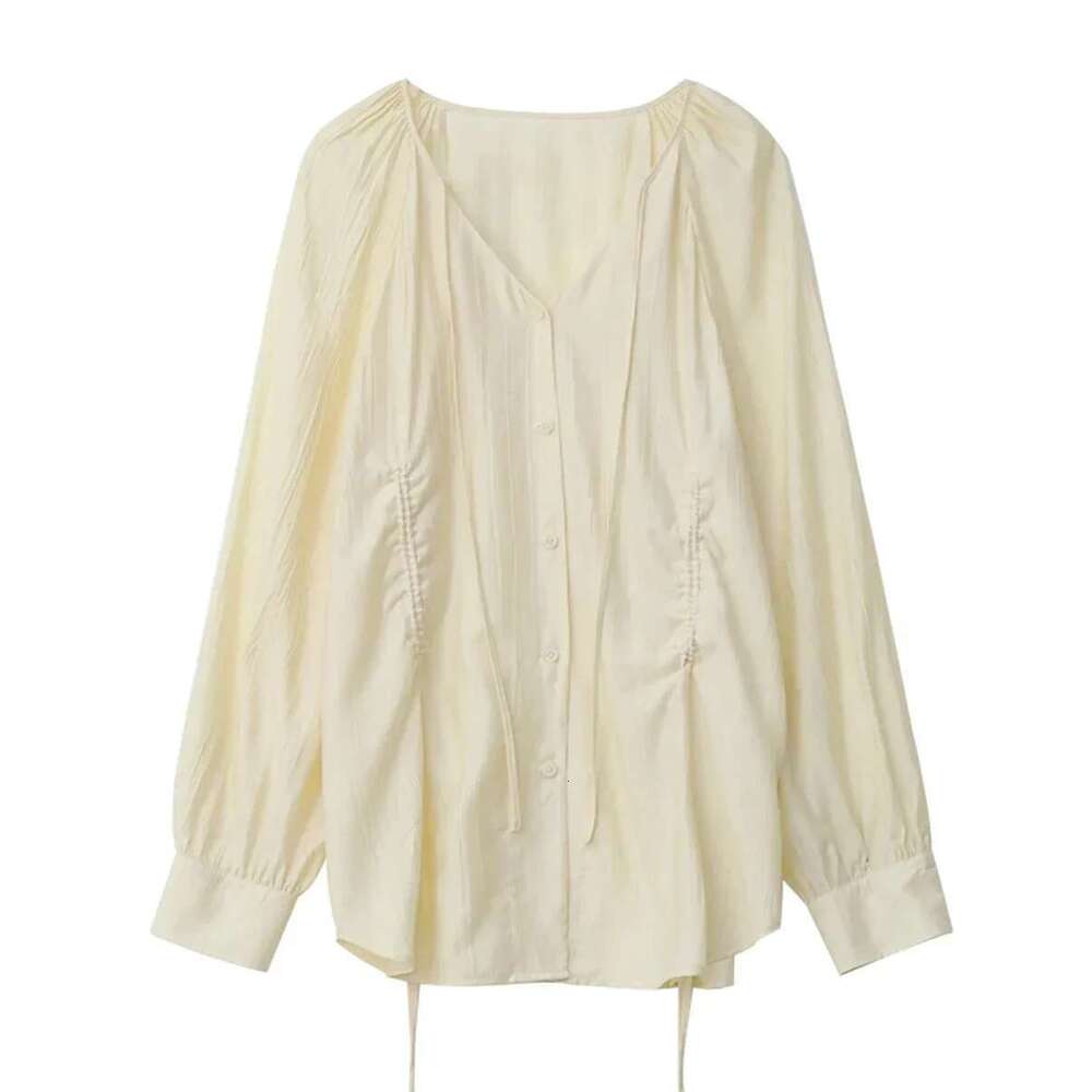 CHIC VEN Women Loose Lace Up Shirt Solid New Korean V-Neck Pleated Raglan Long Sleeved Blouses Female Tops Spring Summer 2025
