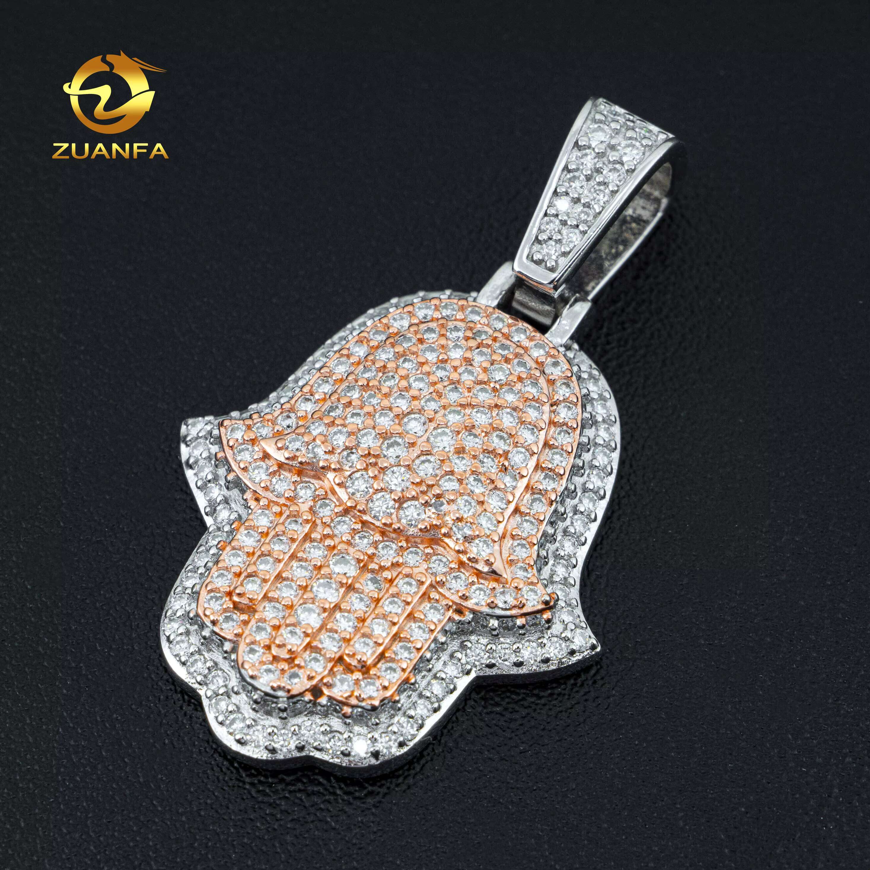 Hip Hop Iced Out Bling Pass Diamond Tester Vvs Jewelry Wholesale 2 Tone Color Plated Lab Diamond Mossanite Hamsa Hand Pendant